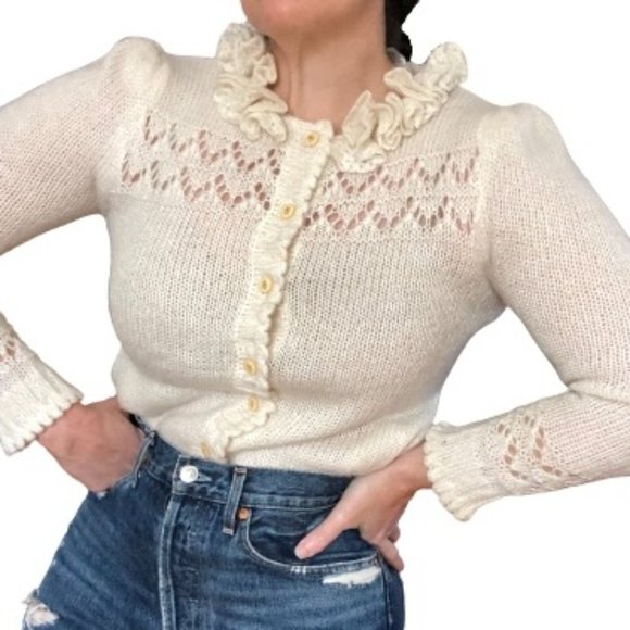 Vtg Puff Sleeve Pockets Ruffle Cut Work Knit Granny Grandma Cardigan Sweater S/M - Picture 3 of 17
